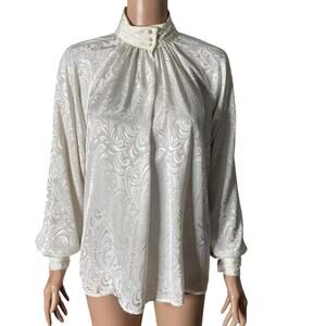 Vintage Alexandria Blouse Womens 6 White Jacquard High Neck Pearl Buttons